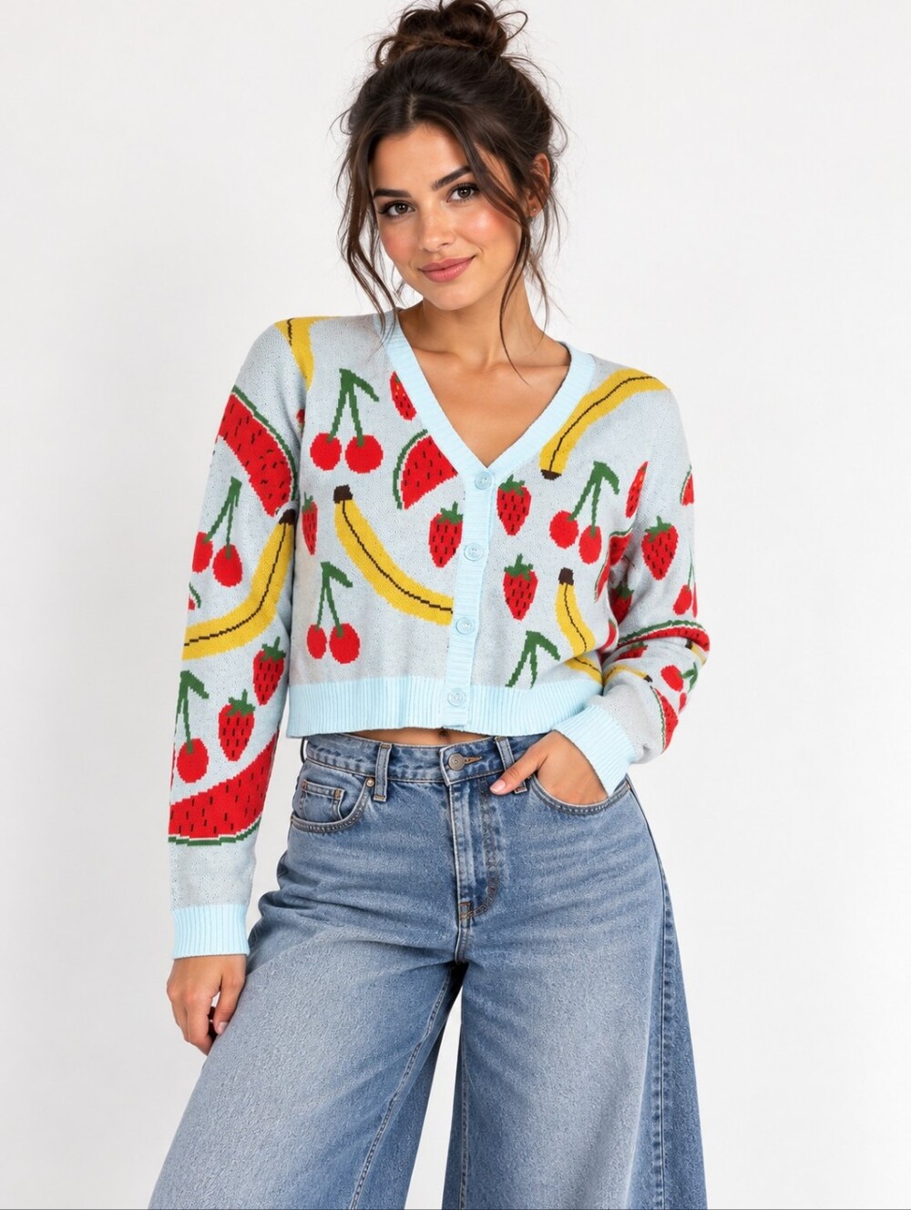 MOON & MADISON Fruit Print Cropped Cardigan Sweater M